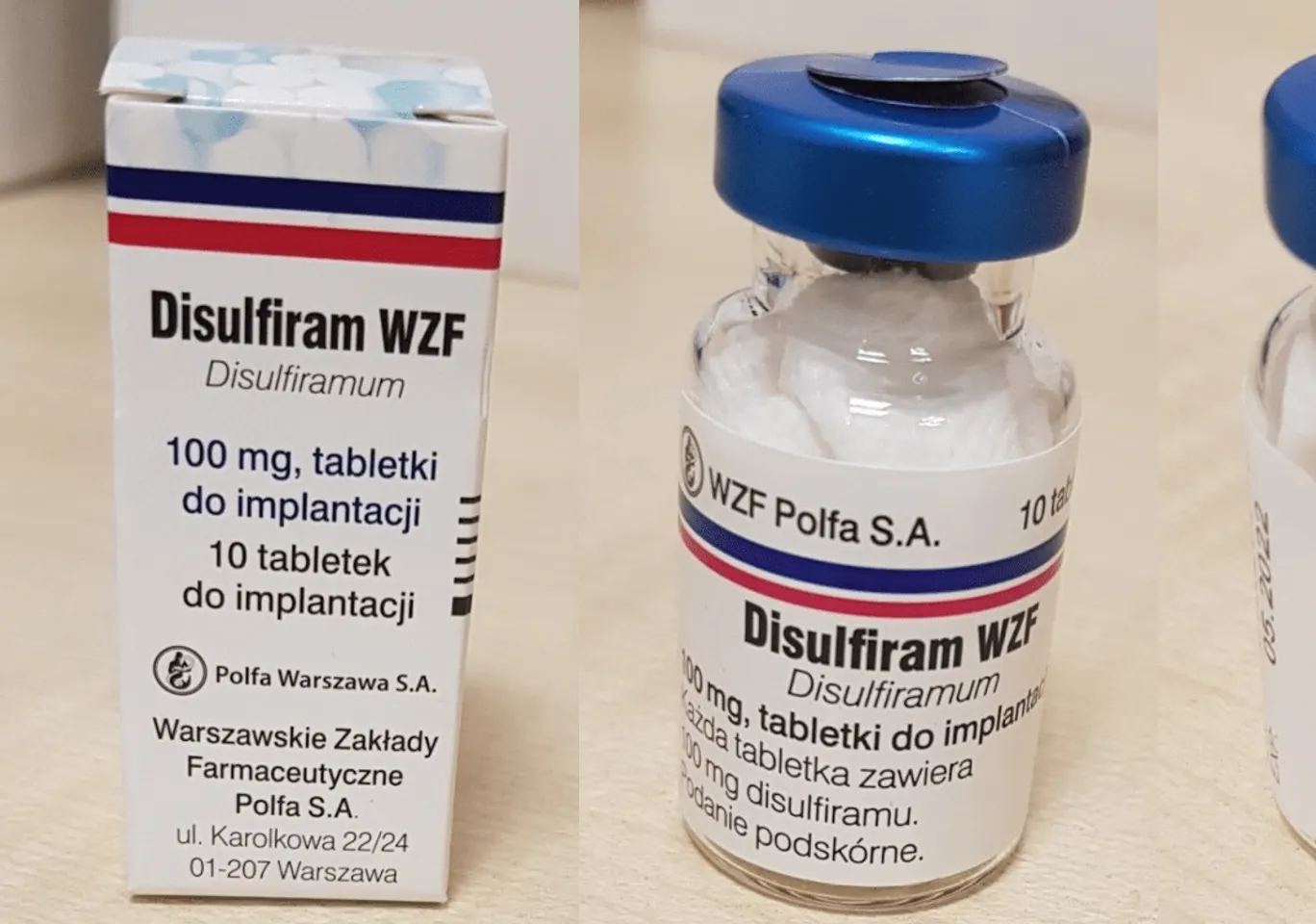 Wszywka alkoholowa Esperal Opoczno: fiolka disulfiramu obok opakowania leku