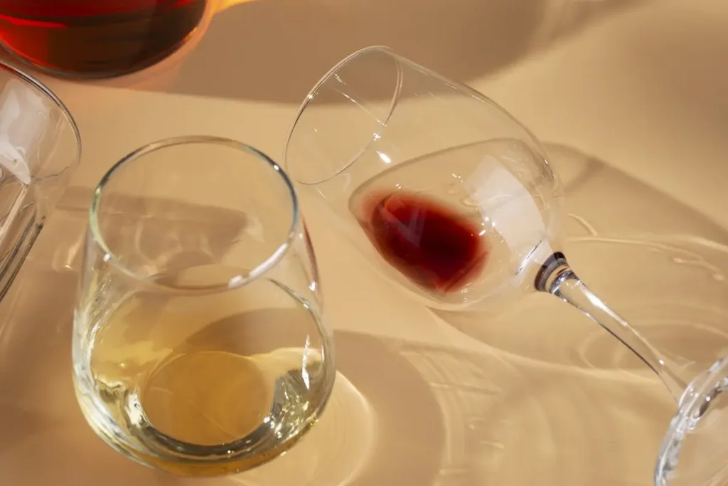 Pusta szklanka po drinku i przewrócony kieliszek jako symbol uzależnienia